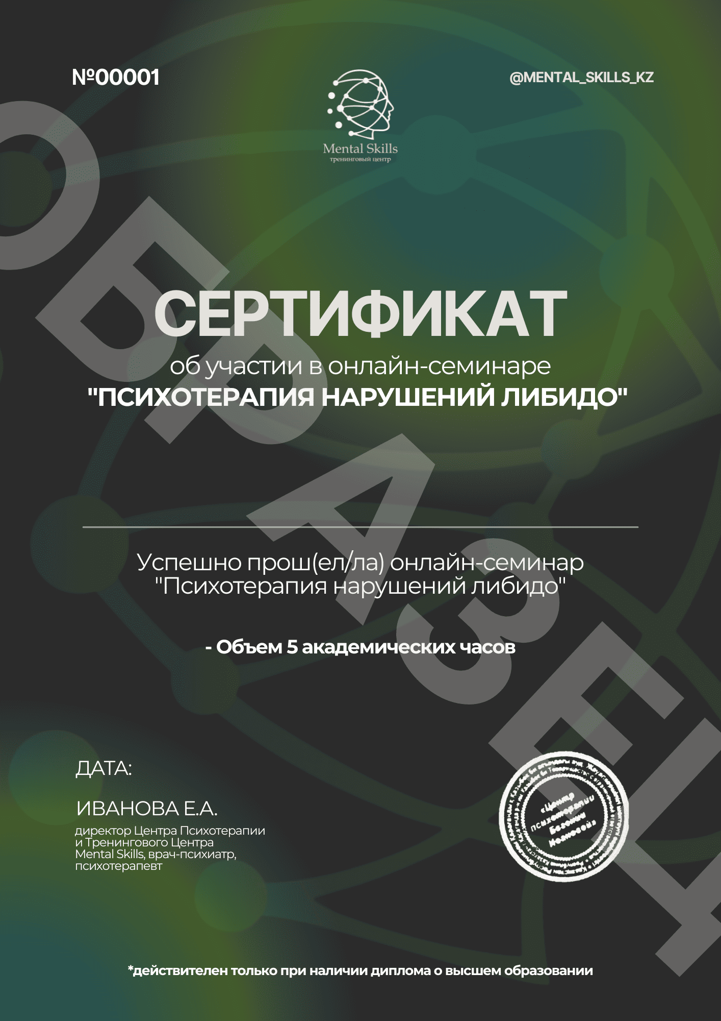 Психотерапия нарушений либидо сертификат