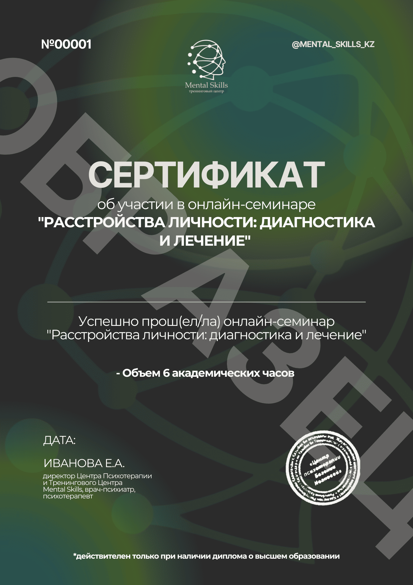 Расстройства личности. Диагностика и лечение сертификат